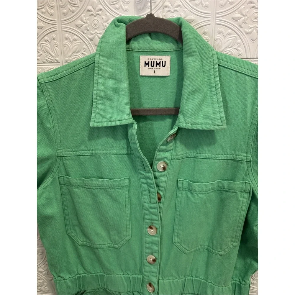 Show Me Your‎ MuMu Women's Cannon Romper Green Denim Size L Festival St. Patrick - Picture 5 of 6